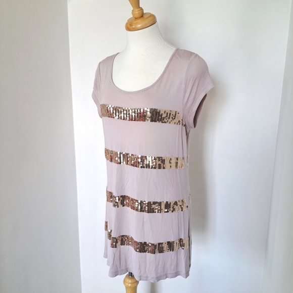Kische | Pastel pink & gold sequin stripes sparkly women's t shirt - Picture 1 of 11